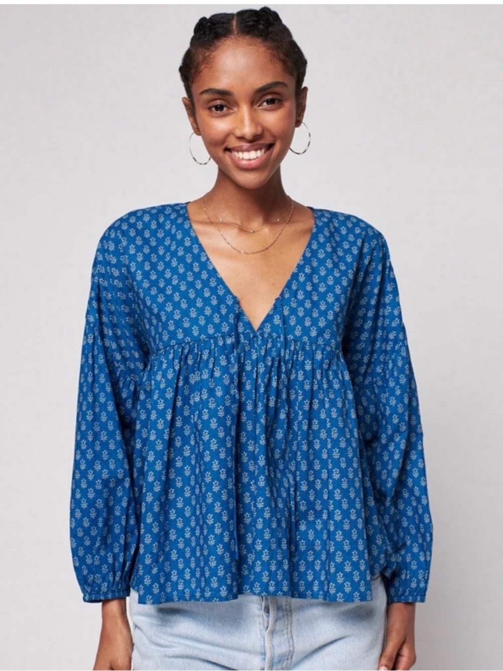 Faherty Lyla Top Organic Cotton Indigo Gobo Floral Print NEW